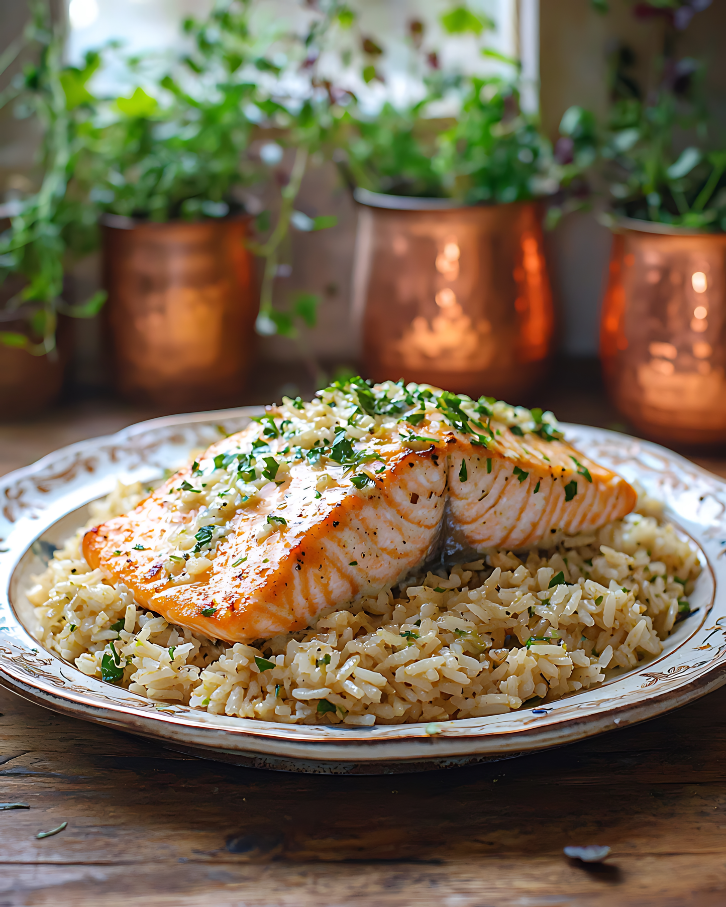 Pan Seared Salmon with Aromatic Garlic Rice