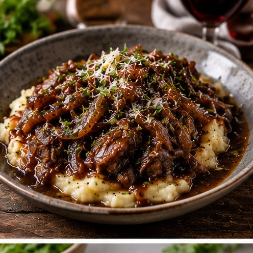 French Onion Braised Beef with Gruyère Mashed Potatoes