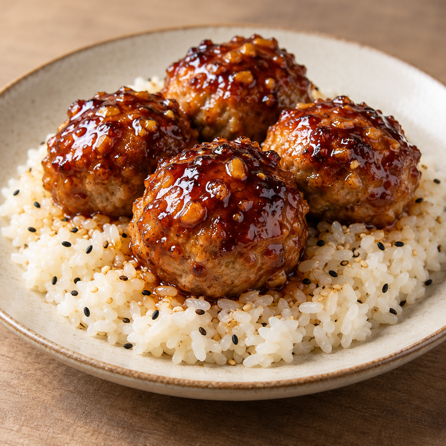 Honey Garlic Pork Meatballs & Sesame Rice