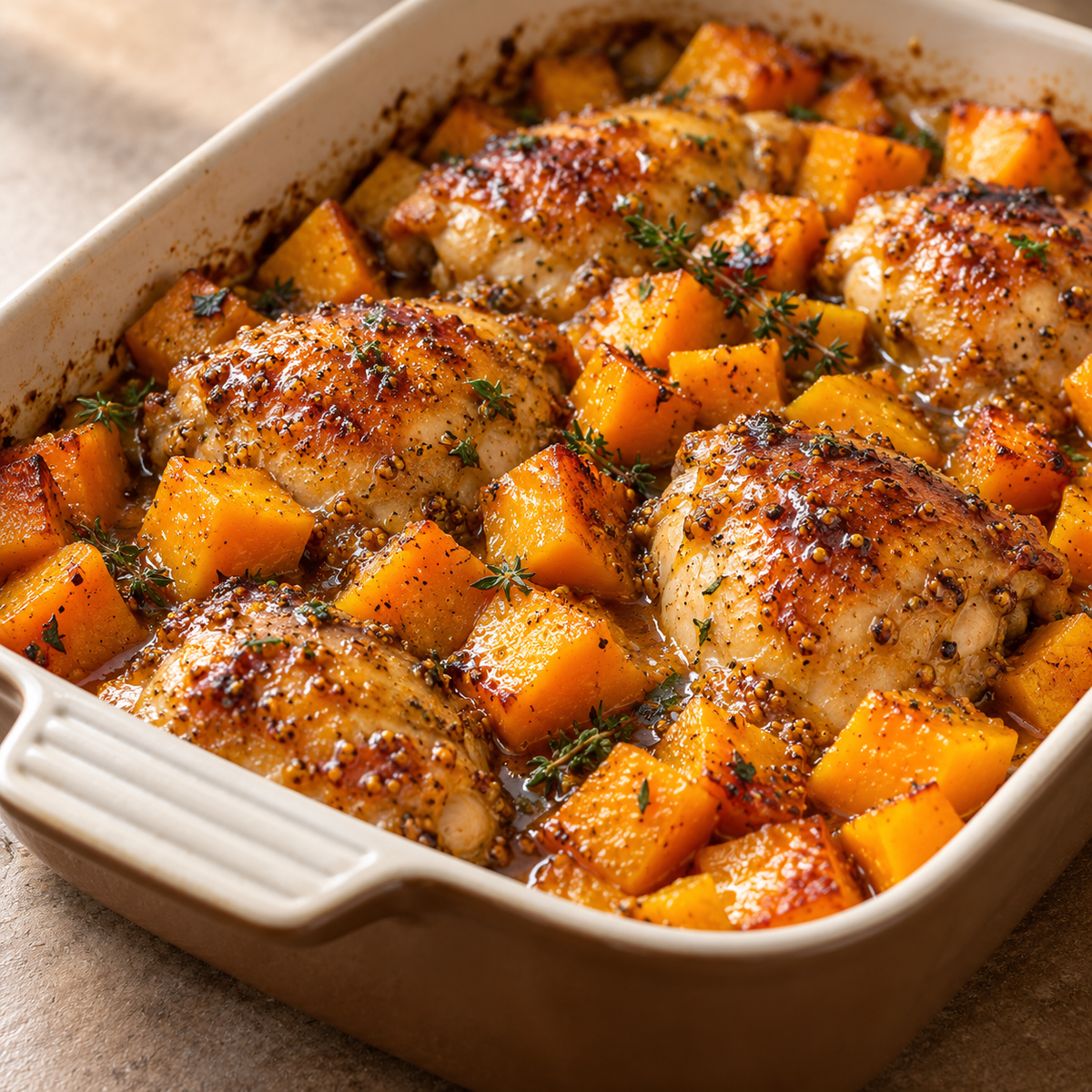 Illustrative concept image of maple Dijon chicken and butternut squash bake